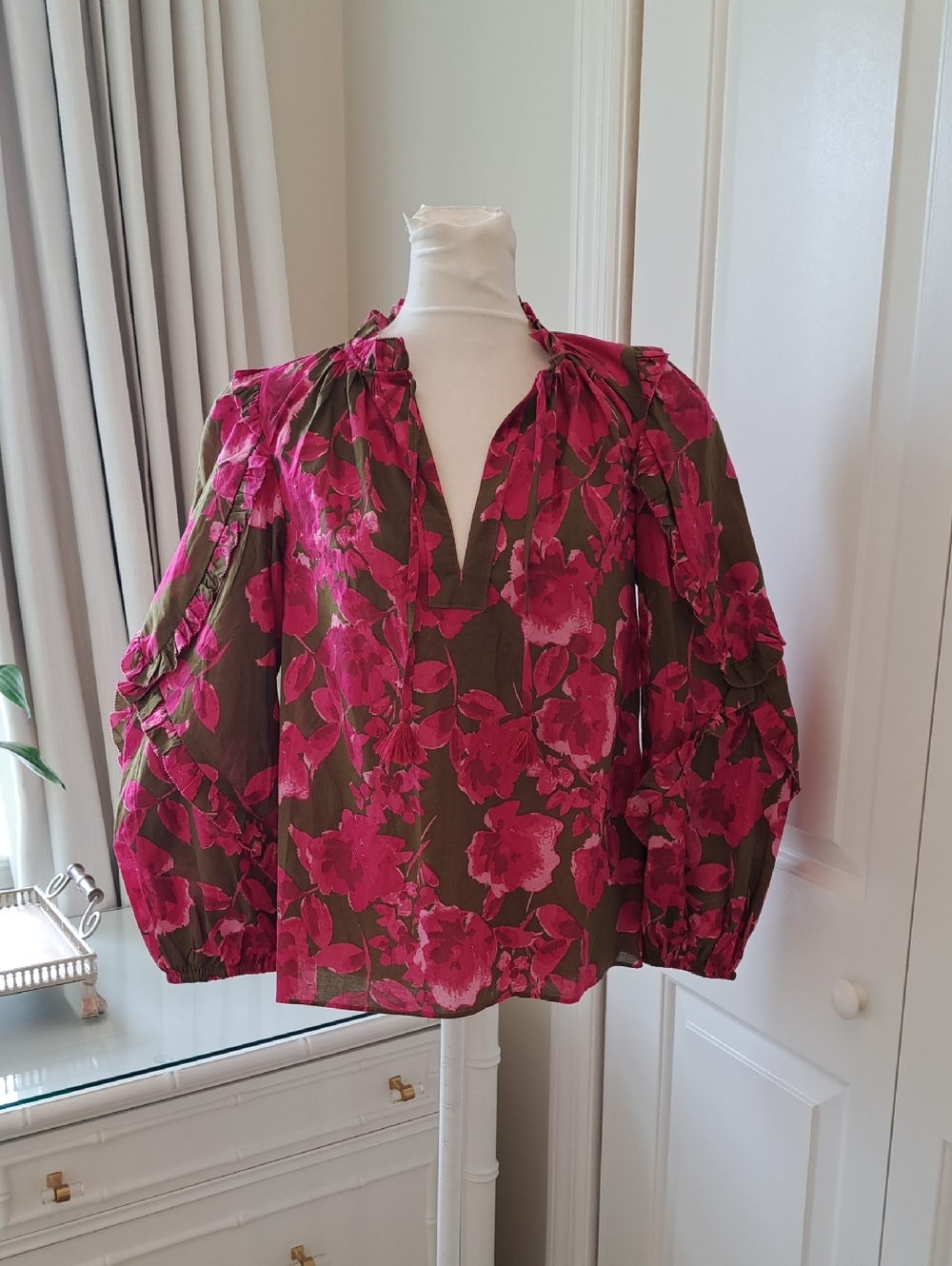 NWOT Olivaceous Womens Preppy/Feminine Olive Green/Pink Floral Print Blouse XS
